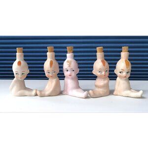 Set of 5 German Kewpie Baby Crown Top Figural Perfume Bottles w/Corks